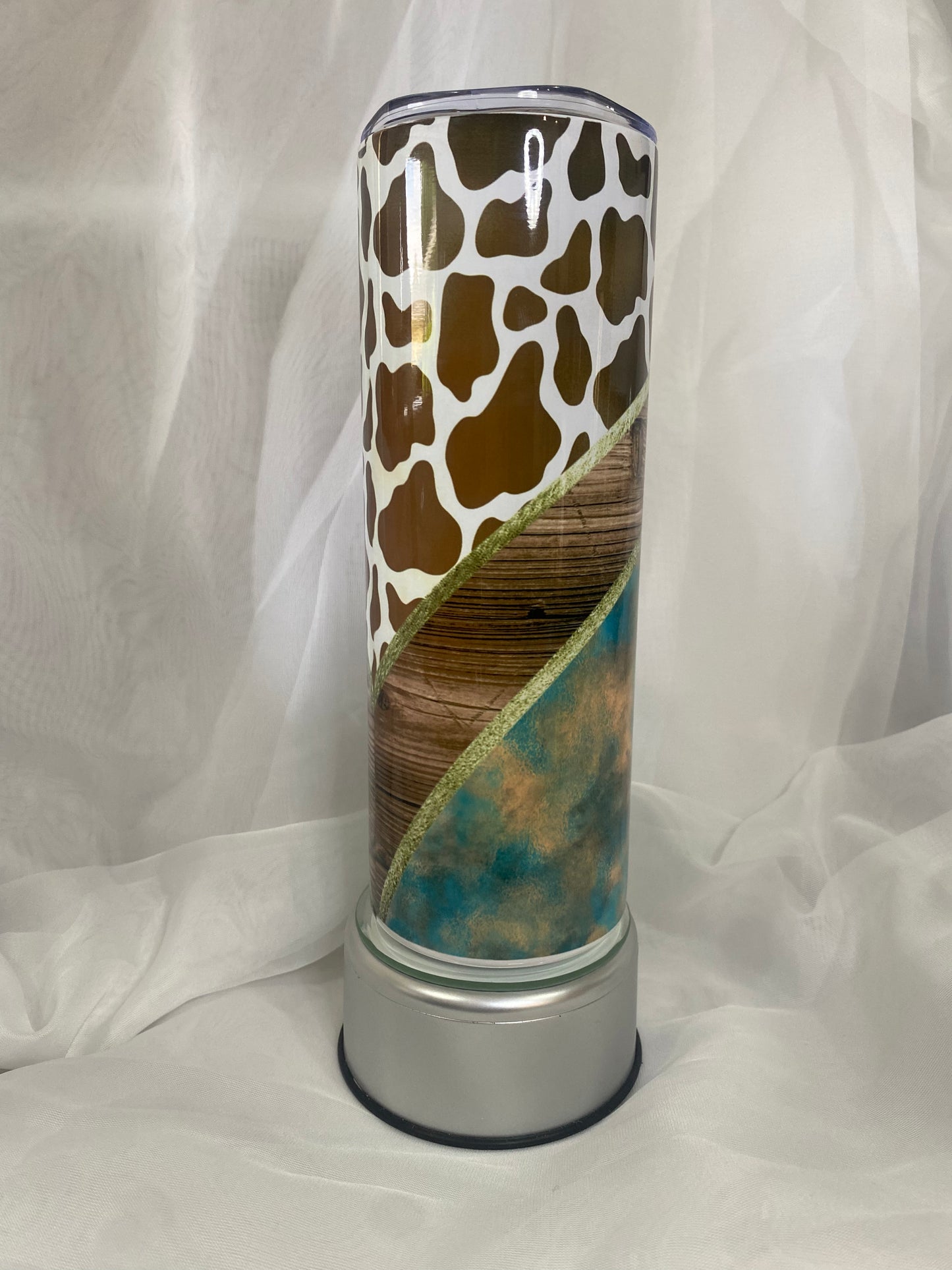 Tumbler - Cow Print with Wood and Teal Chevron