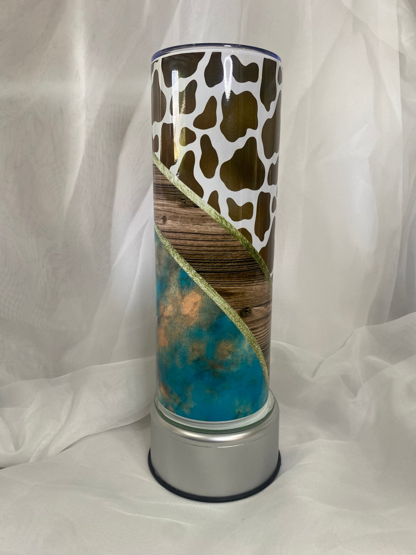 Tumbler - Cow Print with Wood and Teal Chevron