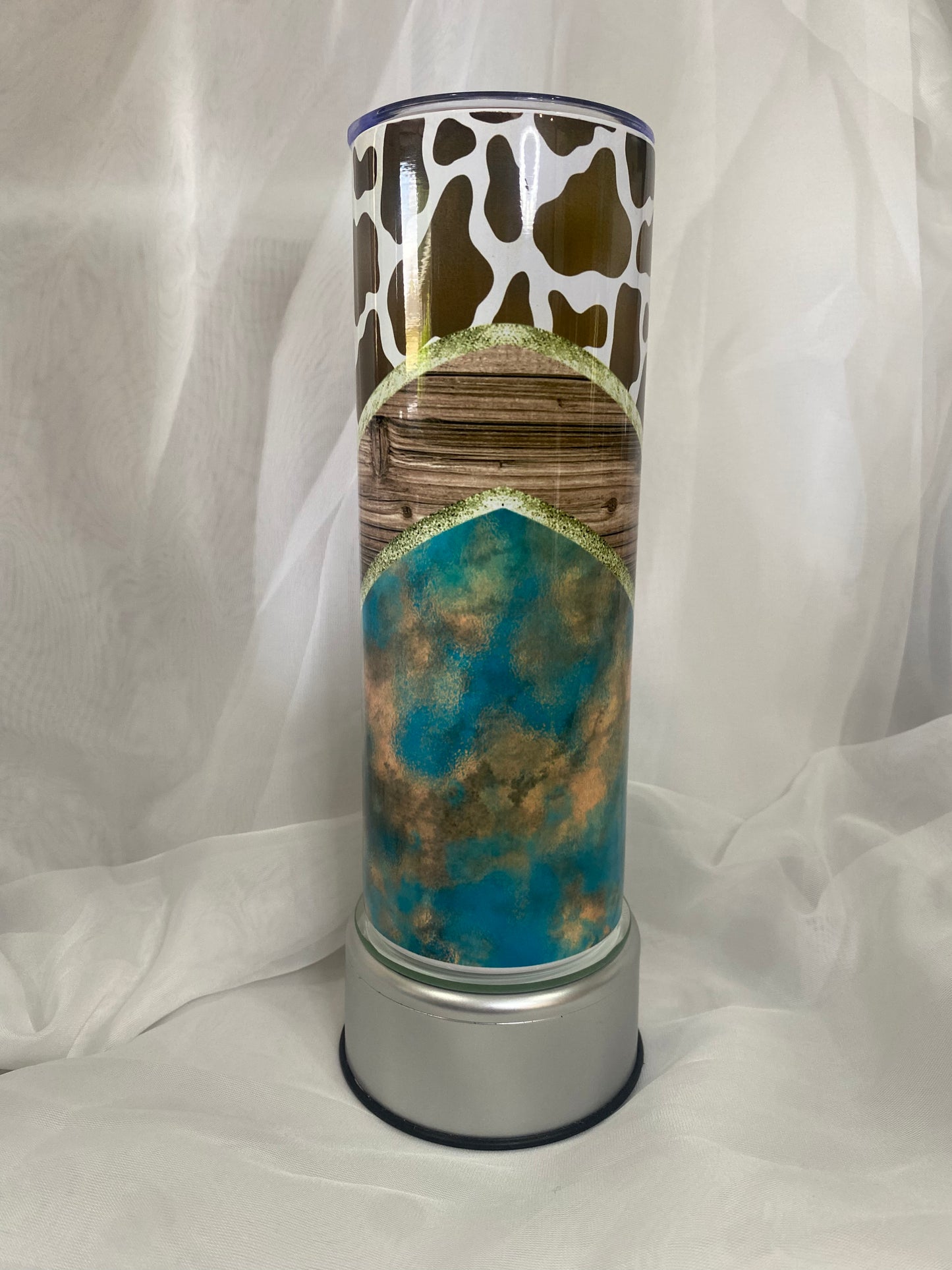 Tumbler - Cow Print with Wood and Teal Chevron