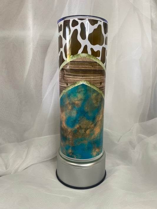 Tumbler - Cow Print with Wood and Teal Chevron